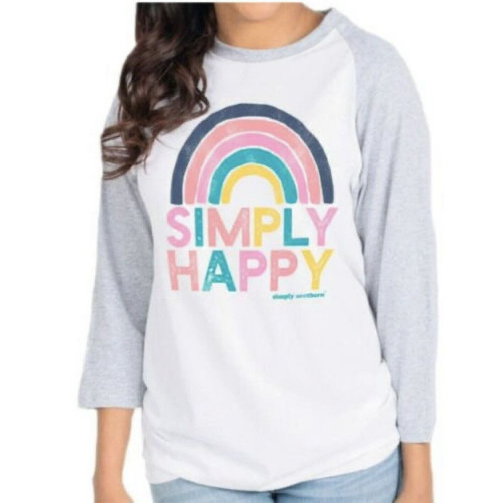 NEW Simply Southern Tee Shirt Size Small White Simply Happy 3/4 Raglan Sleeve
